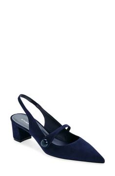 A pointy toe and wrapped block heel balance a poised slingback sandal fashioned with a decorative mary jane strap for retro appeal. 2" heel (size 8.5) Elasticized slingback strap Leather and synthetic upper and lining/leather sole Made in Spain Formal Mary Jane Sandals With Low Heel, Blue Pointed Toe Slingback Pumps For Work, Blue Slingback Pumps For Work, Chic Blue Slingback Pumps With Block Heel, Chic Blue Block Heel Slingback Pumps, Formal Mary Jane Slingback Pumps With Closed Toe, Blue Slingback Pumps With Block Heel, Blue Block Heel Slingback Pumps, Formal Mary Jane Slingback Pumps With High Heel