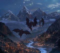 three bats flying over a city in the sky at night with mountains and lights behind them