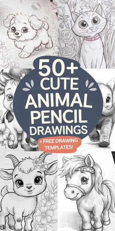 an animal pencil drawing book with the title 50 + cute animal pencil drawings and free printable templates