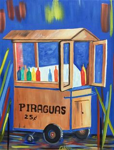 an acrylic painting of a food cart with bottles on the front and sides