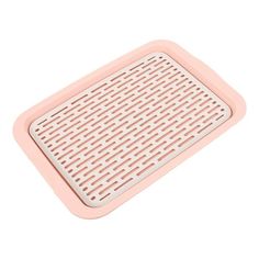 a pink and white tray with holes on the bottom, in front of a white background