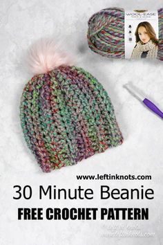 a crochet hat with the text 30 minute beanie free crochet pattern