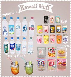 an image of various types of drinks and beverages with labels on them that say kawai stuff