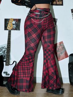 Plus Plaid Print Flare Leg Trousers Without Belt Multicolor Casual   Knitted Fabric Plaid Flare Leg Slight Stretch  Women Plus Clothing, size features are:Bust: ,Length: ,Sleeve Length: Ca Rô, Cutout Pants, Simple Scarf, Plaid Trousers, Flare Leg Pants, Retro Hairstyles, Headband Styles, Womens Tie, Plaid Print