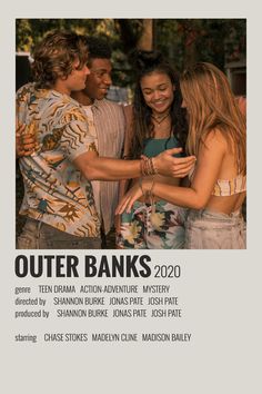 the poster for outer banks, which features three young people hugging each other and looking at their cell phones