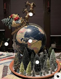 a small globe with christmas trees on it