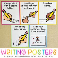 four posters with writing words and pictures on the front, one has a hand holding a pencil