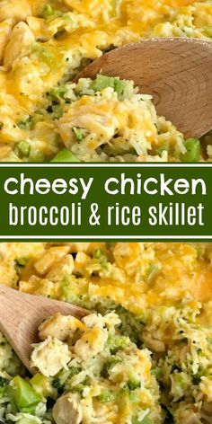 the broccoli rice skillet is loaded with chicken and green beans, along with a wooden spoon