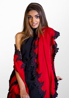 Woven from a fine silk and wool blend, this red scarf features a contrasting black bold scalloped edging lace border. This chic and contemporary accessory keeps you stylishly warm. Black Wool Scarf, Spring Collection Fashion, Copper Ombre, Copper Lace, Spring Scarves, Red Scarf, Gray Silk, Designer Scarves, Red Scarves