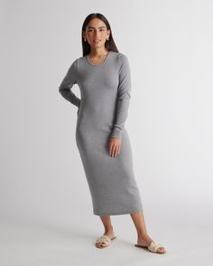 We've added long sleeves to our favorite rib knit dress. With a classic scoop neckline and midi-length, this rib knit dress will take you from day to night. So comfy and versatile, with a lot of stretch for the perfect fit. Tencel™ lyocell is a biodegradable fabric made from cellulose found in wood pulp. It is softer, more breathable, and uses 10-20 times less water in production compared to cotton.  | Quince | Women's Tencel Rib Knit Long Sleeve Dress in Heather Grey, Size Medium Knitted Dress Outfit, Knit Long Sleeve Dress, Rib Knit Dress, Long Sleeve Knit Dress, Ribbed Knit Dress, Comfy Dresses, Stretchy Dress, Sweater Dress Midi, Knit Long Sleeve