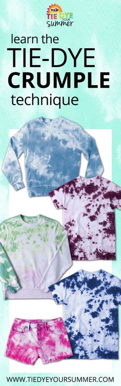 the tie dye crumple technique is shown in four different colors