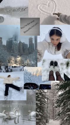 a collage of photos with snow, trees and buildings in the background that have been altered to look like winter