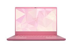 an open pink laptop computer on a white background, with the screen partially covered in triangular shapes