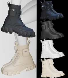 four pairs of boots with different colors and sizes on the bottom one is white, the other is black