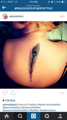 the back of a woman's stomach with a peacock feather tattoo on it