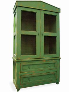 an old green cabinet with two doors and drawers