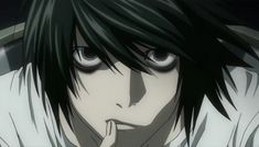 an anime character with black hair and white shirt holding his finger to his mouth while looking at the camera