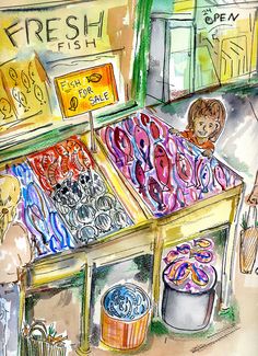 a watercolor and ink drawing of people shopping at a fresh fish stand in the city