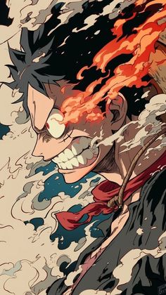 an anime character with fire coming out of his mouth and hair blowing in the wind