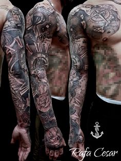 two men with tattoos on their arms and chest