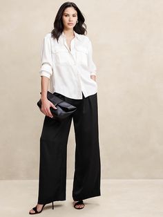 Satin Pleated Wide-Leg Pant | Banana Republic Factory Modern Suits, Banana Republic Women, Banana Republic Factory, Wide Leg Pant, Pleated Pants, Petite Size, Black Print, Suits For Women, Wide Leg Pants