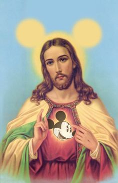 a painting of jesus with mickey mouse on it's chest and hands in front of him