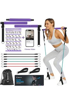 a woman is doing exercises with resistance straps and exercise bands, including an iphone phone