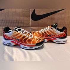 These Nike Air Max Plus Are Awesome! The Colors Are Super Rare! These Nike Are Brand New In The Original Box, But Does Not Have The Box Top. Please Feel Free To Contact Me With Any Questions! Thank You For Looking! Nike Custom Sneakers In Orange With Air Max Cushioning, Orange Custom Sneakers With Air Cushioning, Orange Sporty Custom Sneakers With Air Cushioning, Sporty Orange Custom Sneakers With Air Cushioning, Orange Custom Sneakers With Air Cushioning For Streetwear, Custom Sneakers With Air Max Cushioning For Training, Custom Training Sneakers With Air Max Cushioning, Casual Orange Custom Sneakers With Air Cushioning, Casual Custom Orange Sneakers With Air Cushioning