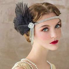 Estilo Charleston, Peacock Headband, Maquillage Goth, Black Headbands, 1920s Great Gatsby, Flapper Hair