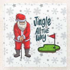 a cartoon santa clause playing golf with snowflakes on the background drink coasters