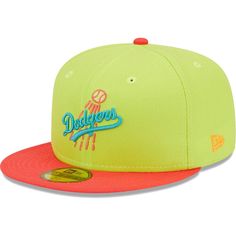 Stand out in Los Angeles Dodgers style with this Cyber Highlighter 59FIFTY hat from New Era. It features striking team graphics over a red and green design. The blue undervisor gives this fitted Los Angeles Dodgers hat an extra dash of detail. Structured fit Officially licensed Imported Embroidered graphics with raised details High Crown Wipe clean with a damp cloth Brand: New Era Flat bill with ability to curve Six panels with eyelets Blue undervisor Material: 100% Polyester Fitted Retro Baseball Season Fan Merchandise Hats, Sporty Multicolor Baseball Cap, Yellow Flat Bill Hat For Sports Events, Retro Flat Brim Hat For Sports Events, Multicolor Snapback Hats For Sports Events, Green Retro Sports Hat, Yellow Baseball Season Cap, Yellow Baseball Cap For Baseball Season, Yellow Curved Brim Hat For Baseball Season