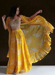 Stylish Party Wear Pleated skirt Top Long shrug Orang India, Ceremony Outfit, Haldi Ceremony Outfit, डिजाइनर कपड़े, Haldi Dress, Function Dresses, Mehendi Outfits, Indian Outfits Lehenga