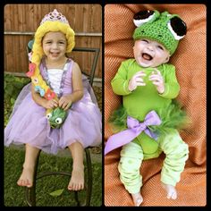 two pictures of babies dressed in costumes and one has a frog on her lap while the other is smiling