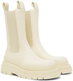 Calf-high buffed calfskin Chelsea boots in off-white. · Elasticized gusset at sides · Pull-loops at heel collar · Rubberized trim at welt · Rubber platform midsole · Treaded rubber outsole · Platform: H2.5 in Supplier color: Sea salt Cream Calf Leather Boots With Reinforced Heel, Lug Boots, Png Clothes, Into Fashion, Brutalism, Functional Design, Sea Salt, Bottega Veneta, Chelsea Boots