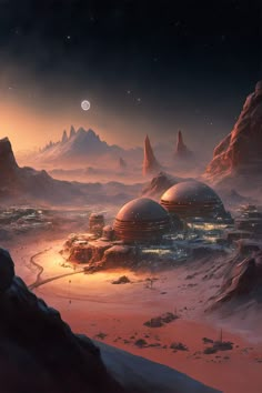 an artist's rendering of a futuristic city surrounded by mountains and deserts at night