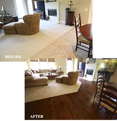 before and after pictures of a living room with hard wood flooring, furniture and carpet