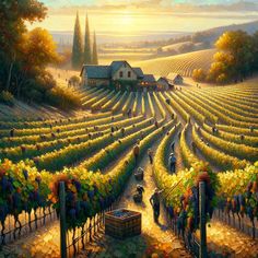 Harvest Vineyard Canvas Quaint Farmhouse, Vineyard Art, Grape Vineyard, Fantasy Ideas, Grape Harvesting, Human Touch, The Setting Sun, The Vineyard, Country Landscaping