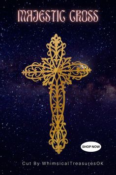 a gold cross with the words, majestic cross on it