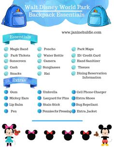 the walt world park backpack essentials list is shown in blue and has mickey mouse ears