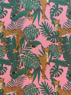 a pink and green wallpaper with leopards, palm leaves and other animals on it