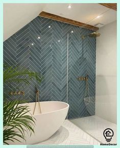 a white bath tub sitting next to a green plant in a bathroom under a skylight