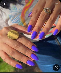 Bright Purple Almond Nails, Vibrant Purple Nails, Bright Purple Acrylic Nails, Summer Acrylic Nails Purple, Bluish Purple Nails, Purple Vacation Nails, August Nail Colors Gel, All Purple Nails, Short Almond Nails Purple