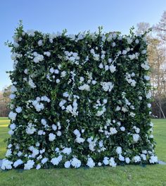 an artificial hedge with white flowers growing on it's sides in a park setting