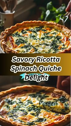 there are two different types of quiche pies on the same plate, one with spinach in it