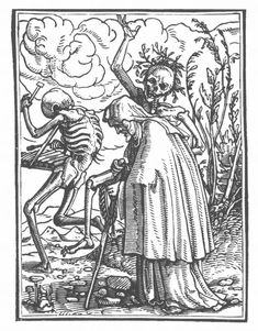 a skeleton standing next to a man in a field