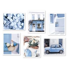 blue and white photographs are arranged on the wall in front of a house with flowers