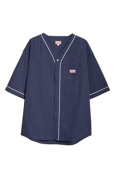 The French fashion house draws inspiration from the boxy silhouettes of traditional baseball uniforms in a fresh cotton button-up traced with contrast piping. 30" length; 48" chest (size X-Large) Front button closure V-neck Elbow-length sleeves Chest patch pocket Curved hem 100% cotton Dry clean or machine wash, line dry Imported Designer Clothing Blue Cotton Baseball Jersey With Baseball Collar, Blue Cotton Baseball Jersey With Collar, Blue Cotton Tops With Baseball Collar, Blue Cotton Baseball Jersey With Short Sleeves, Blue Cotton Baseball Jersey For Streetwear, Baseball Shorts, Baseball Uniforms, House Drawing, Contrast Piping