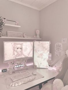 a desk with two computer monitors and a keyboard on it, in front of a white teddy bear