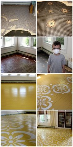 four different pictures show the same room with wood flooring and walls, one has a face mask on