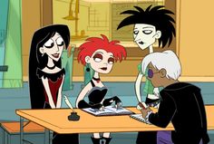 three cartoon characters sitting at a table with a notebook and pen in front of them